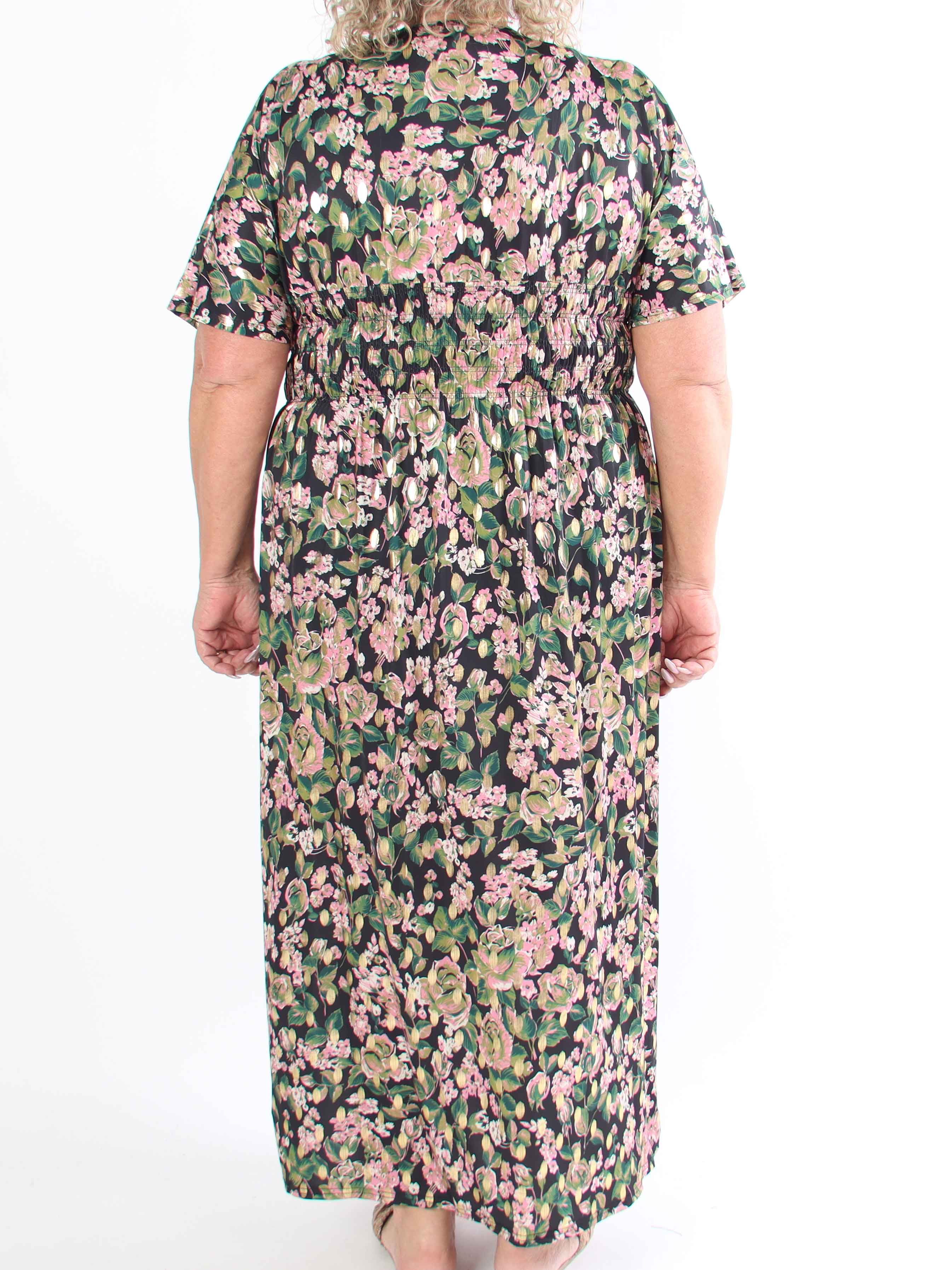 Pams Small Rose - Plus size-klänning med blommigt tryck och gulddetaljer